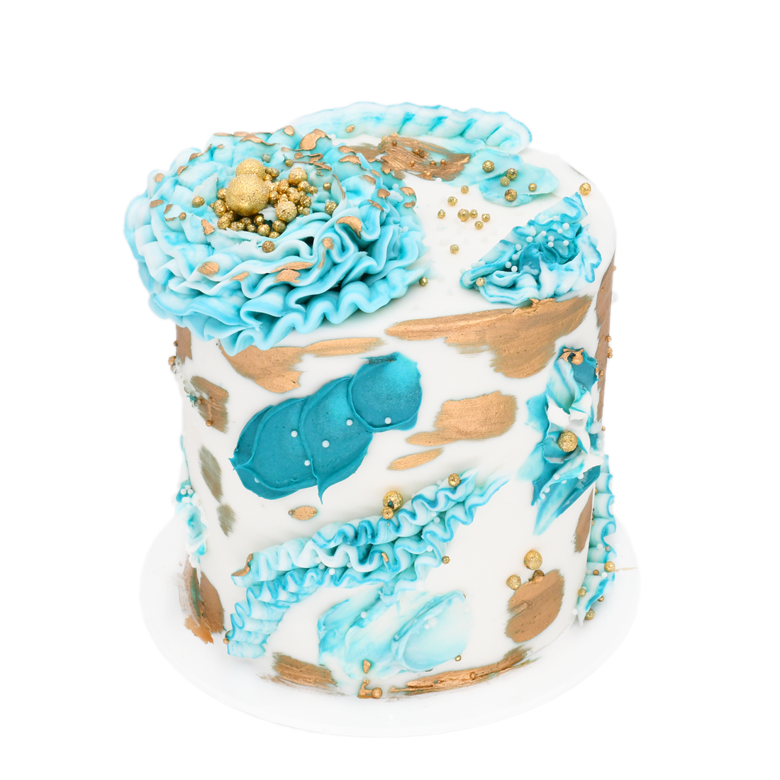 Custom birthday cake with white icing and turquoise floral frosting with gold accents, a made-to-order birthday cake delivered across Los Angeles by Sweet Angeles