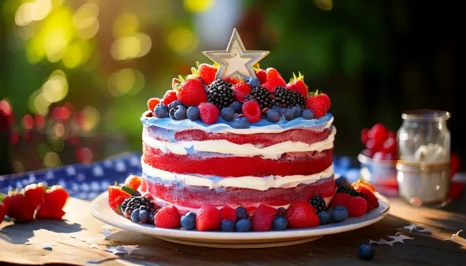 Three-tier red, white, and blue American flag celebration cake with gold star accents