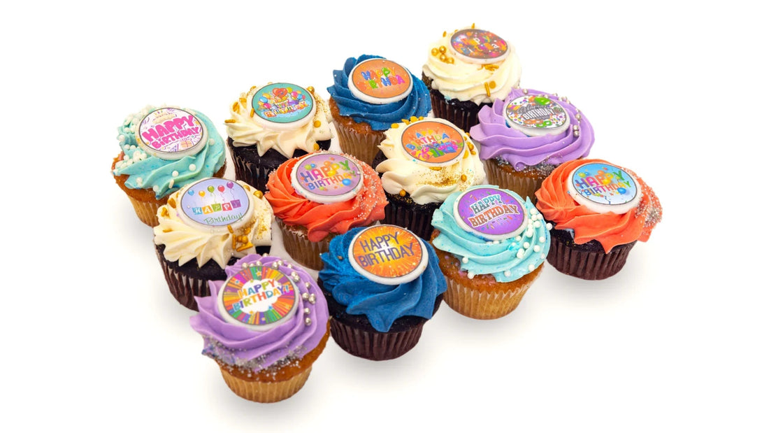 Assorted birthday cupcakes baked fresh from scratch at Sweet Angeles bakery in Los Angeles