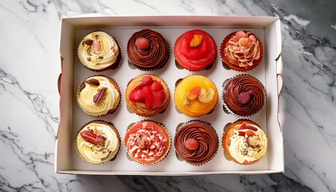 A box of a dozen assorted cupcakes in mixed flavors baked fresh to order by Sweet Angeles in Los Angeles