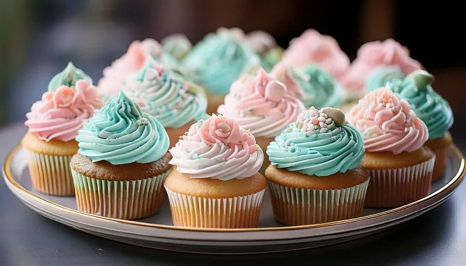 A dozen baby shower cupcakes in a kraft box with pink, blue, and ivory buttercream swirls and fondant baby booties