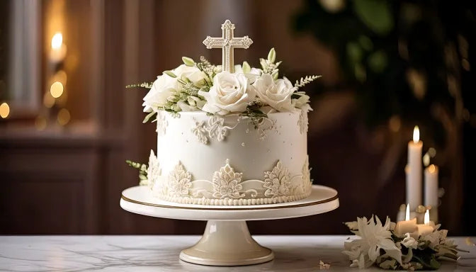 White buttercream first communion cake with a gold cross and piped name, made to order in Los Angeles