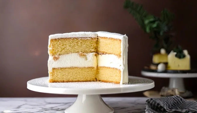 Layered Bavarian cream cake with silky set-cream filling between pale sponge layers, one slice removed