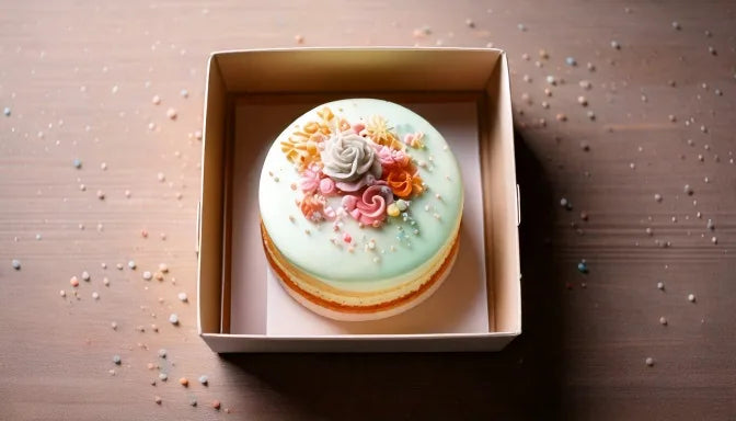 A 4-inch bento cake with pink buttercream and hand-piped lettering in an open takeout box