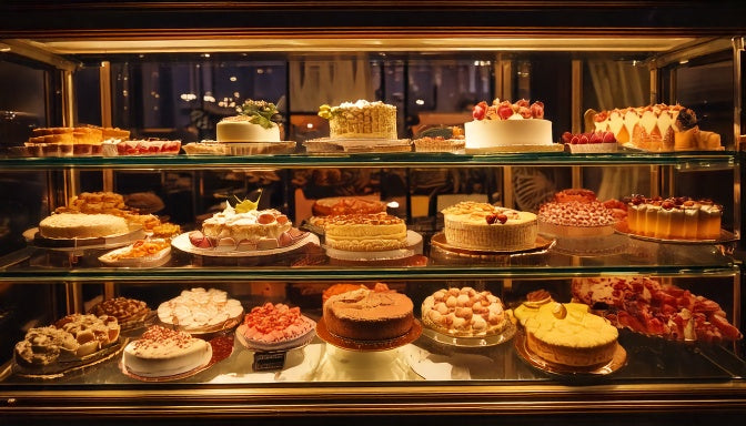 Luxury bakery display case filled with elegant cakes and pastries on Rodeo Drive Beverly Hills