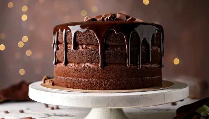 A rich layered chocolate cake on a white ceramic stand, cross-section showing moist dark sponge and glossy ganache