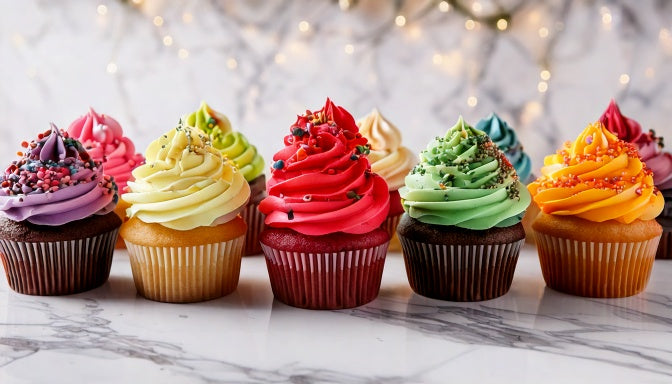 A row of assorted gourmet cupcakes in different flavors from a Beverly Hills bakery