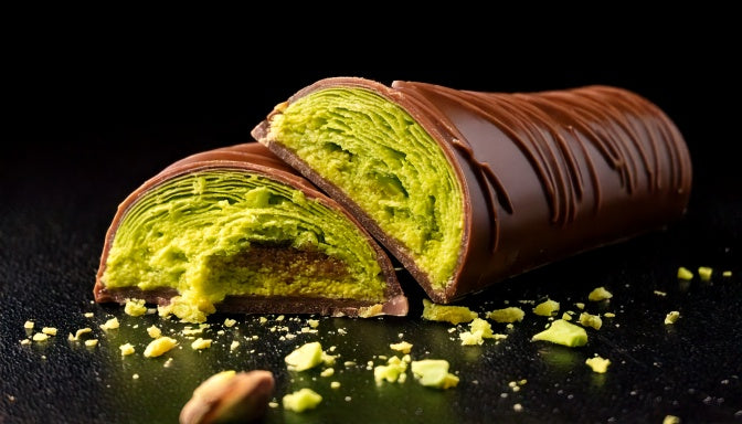 Dubai chocolate bar broken open showing green pistachio cream and crispy kataifi filling