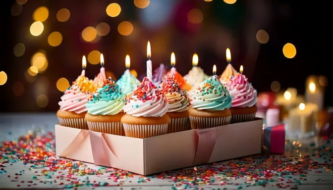 A generous assortment of made-to-order birthday cupcakes in an open kraft gift box on a marble counter