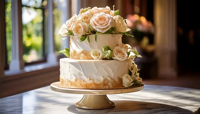 Custom buttercream cake for Beverly Hills delivery on a marble stand at Sweet Angeles on Rodeo Drive