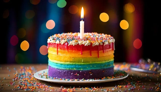 A made-to-order two-layer celebration cake with buttercream and fresh berries in an open delivery box on a Burbank doorstep