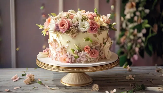 A custom birthday cake with fresh flowers and buttercream rosettes on a wooden cake stand for Pasadena delivery