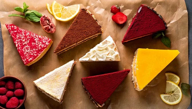 Overhead flat-lay of six slices of different cakes on ceramic plates: chocolate fudge, vanilla berry, red velvet, tres leches, pistachio, and kataifi