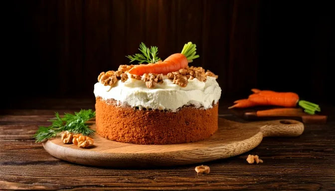 Slice of carrot cake with freshly grated carrot flecks, layers of cream cheese frosting, and toasted walnuts on top