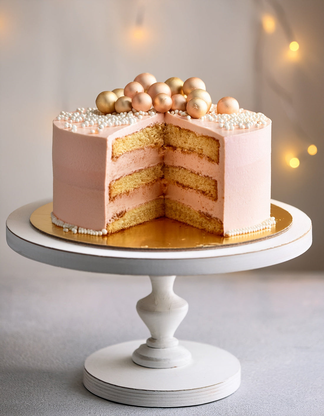 Sliced champagne cake with pink buttercream frosting and gold sugar pearls on a white cake stand
