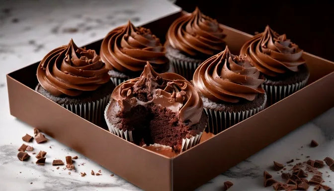 A box of a dozen chocolate cupcakes with glossy chocolate buttercream swirls, one split open to show a moist crumb and ganache center