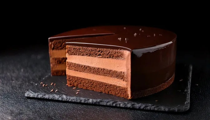 Chocolate mousse cake slice showing sponge base, airy mousse layer, and glossy ganache top