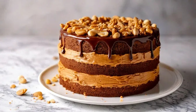 Chocolate peanut butter cake with dark chocolate layers, peanut butter buttercream filling, and a glossy chocolate ganache drip