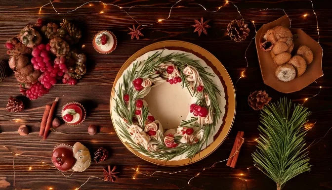 Overhead flat-lay on a dark wood table of a festive Christmas dessert spread, a single-tier cake with red berries and rosemary sprigs styled