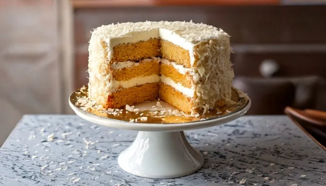 Layered coconut cake with cream cheese frosting and flaked coconut, one slice removed to show the pale sponge layers
