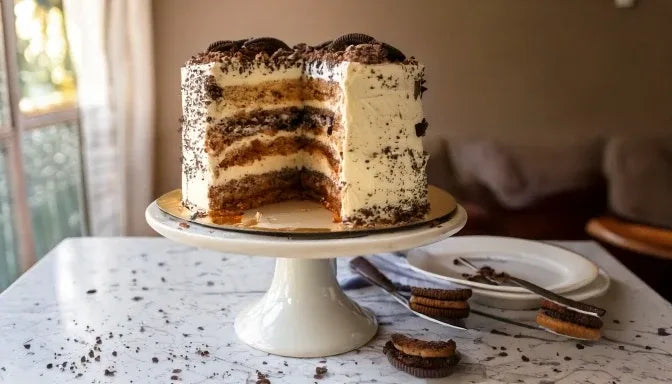 Layered cookies and cream cake with chocolate sandwich cookie pieces through pale sponge and cookie-studded frosting, one slice removed