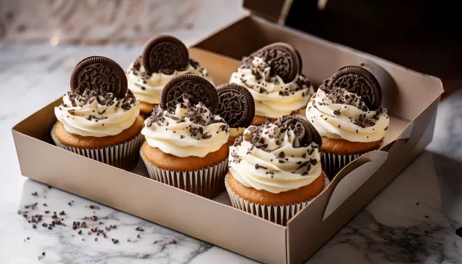 A box of a dozen cookies and cream cupcakes in a white bakery box, pale vanilla cake topped with swirls of fluffy white buttercream studded with crushed chocolate cookies