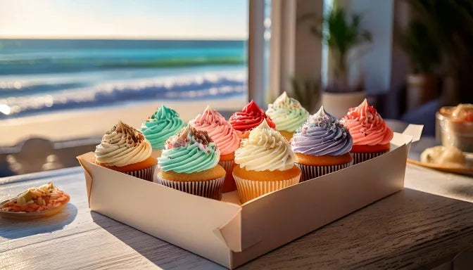 A box of six gourmet cupcakes with swirled buttercream in vanilla bean, strawberry, and chocolate ganache, set on a bright kitchen counter near an open window