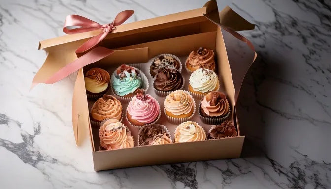 Overhead flat-lay of an open kraft cupcake gift box holding a dozen assorted gourmet cupcakes in neat rows on a white marble counter, buttercream swirls in soft tones
