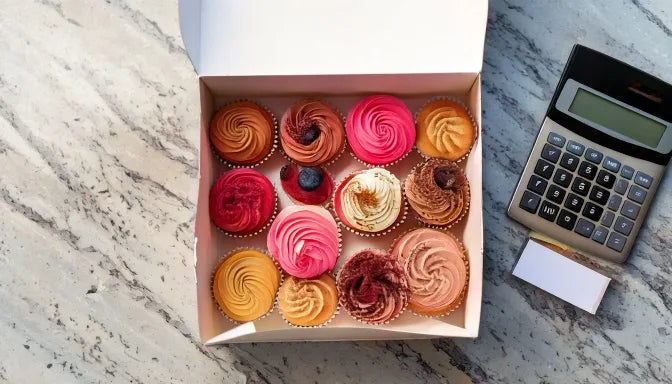 An open box of a dozen assorted gourmet cupcakes beside a price card, baked fresh to order in Los Angeles