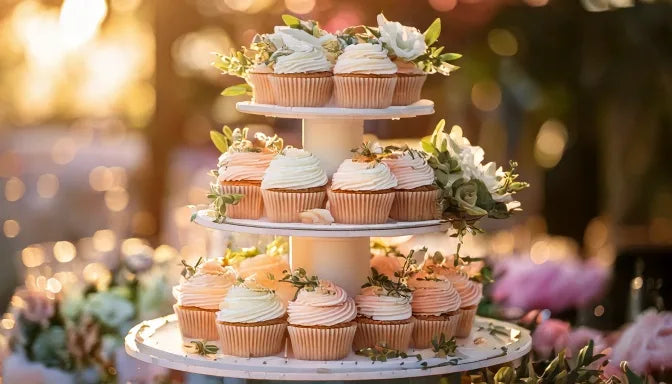 A tiered wedding cupcake tower topped with a small cutting cake from Sweet Angeles in Beverly Hills, Los Angeles