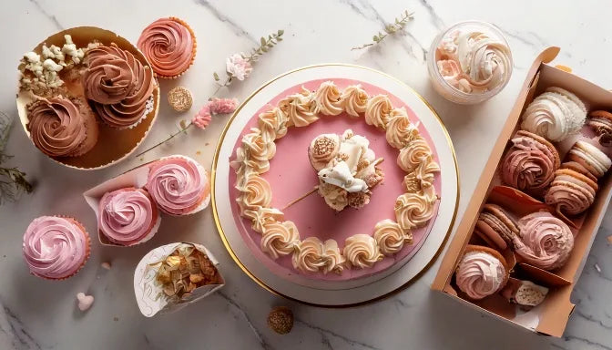 A split-scene flat-lay on white marble, a small frosted layer cake on one side and a box of assorted cupcakes on the other, both in matching