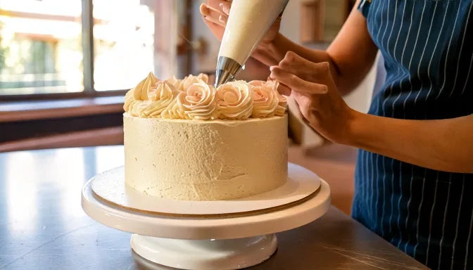 A custom buttercream birthday cake being finished on a white marble cake stand in a Beverly Hills bakery kitchen, the baker's hands piping pale pink and ivory rosettes