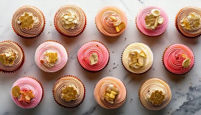 Overhead flat-lay of a dozen custom-decorated cupcakes on white marble, several topped with edible-photo printed toppers, others with gold n