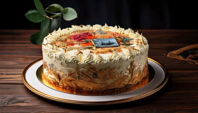 An 8-inch white vanilla buttercream birthday cake with a sharp full-color edible photo print on top, on a marble cake stand in a bright Beverly Hills bakery