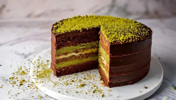 Dubai chocolate cake three ways on a marble counter: a homemade slice, a store-bought boxed version, and a fresh bakery slice showing dark chocolate sponge, pistachio cream, and golden kataifi