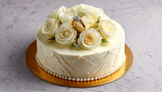 Elegant engagement cake with white buttercream, gold accents and a ring decoration, made to order in Los Angeles by Sweet Angeles