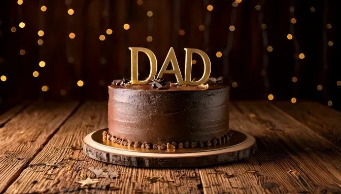 Overhead photo of a rustic chocolate ganache cake on a wooden kitchen table topped with a gold DAD cake topper, a slice cut and plated beside it