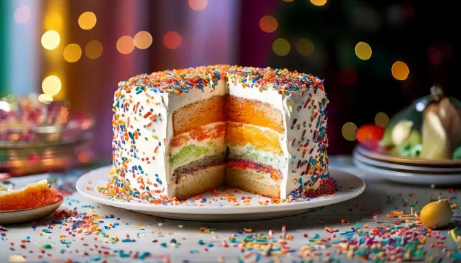 Funfetti cake with white buttercream and a cut slice showing rainbow sprinkles baked into the crumb, made fresh in Los Angeles
