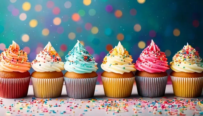 Box of funfetti cupcakes with white buttercream and rainbow jimmies, one split to show sprinkles baked into the crumb, made fresh in Los Angeles