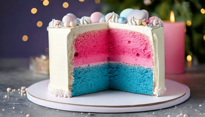 Gender reveal cake with pink and blue sponge inside, Los Angeles bakery
