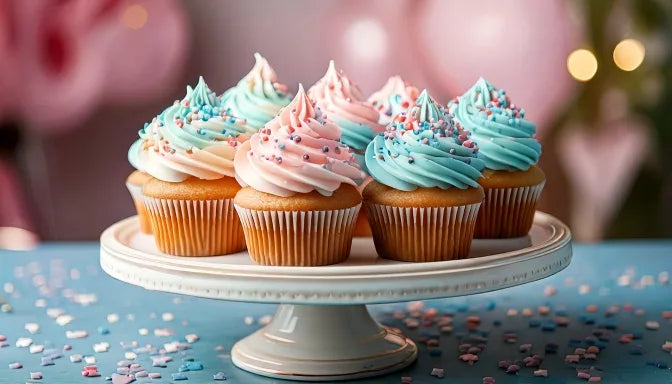 A dozen gender reveal cupcakes in a kraft box, white buttercream dusted pink and blue, one bitten to show a pink filling