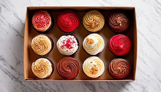 Overhead flat-lay of a dozen gourmet cupcakes in a kraft pastry box on a white marble counter with tall buttercream swirls in vanilla, chocolate, red velvet, pistachio, and salted caramel