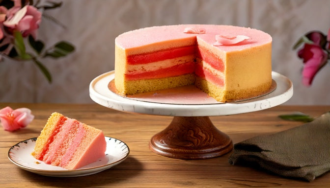 Sliced guava cake showing pink guava filling between sponge cake layers, an example of a Los Angeles guava cake