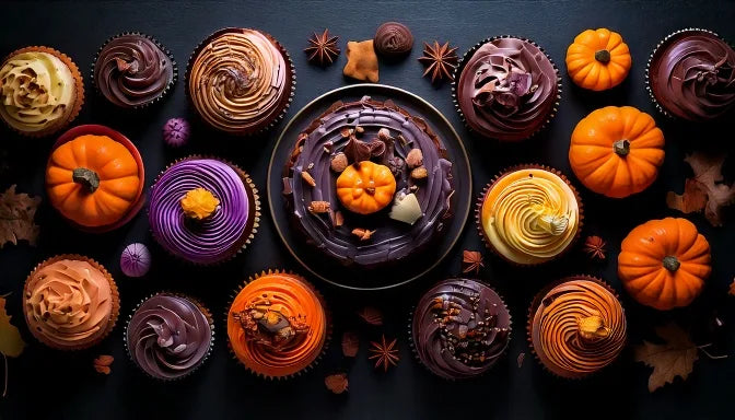 Overhead flat-lay on a dark slate surface of an assortment of Halloween cakes and cupcakes, a glossy black drip cake with a single candle, c