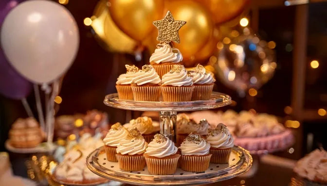 Boxes of 6, 12 and 18 frosted gourmet cupcakes on a marble counter while planning how many cupcakes per person for a party