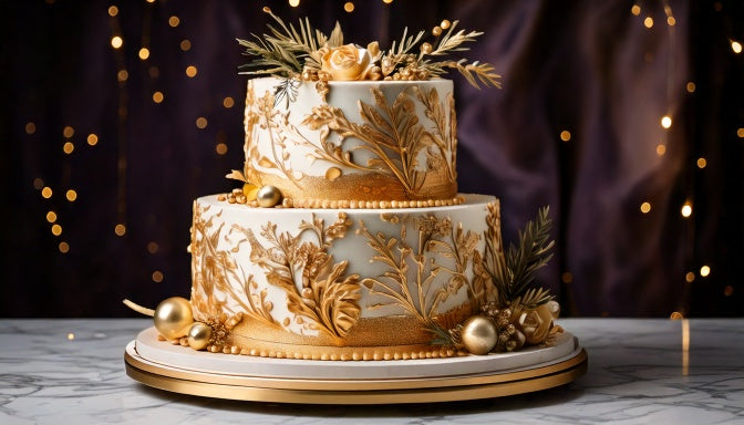 Elegant custom tiered cake with gold accents from a Beverly Hills bakery