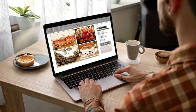 Overhead flat-lay of a person ordering a custom cake online on a laptop with a notepad and a finished pink buttercream cake nearby