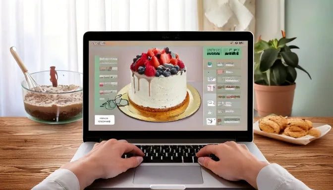 A bright overhead flat-lay of ordering a custom cake on a laptop in a sunlit LA kitchen with a finished buttercream cake on the table