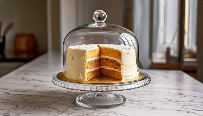 A frosted layer cake on a footed glass cake stand under a clear glass dome on a marble kitchen counter, one slice removed to show moist laye