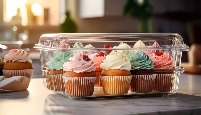 Overhead flat-lay of a dozen frosted gourmet cupcakes resting inside a clear airtight container on a white marble counter, tall buttercream 